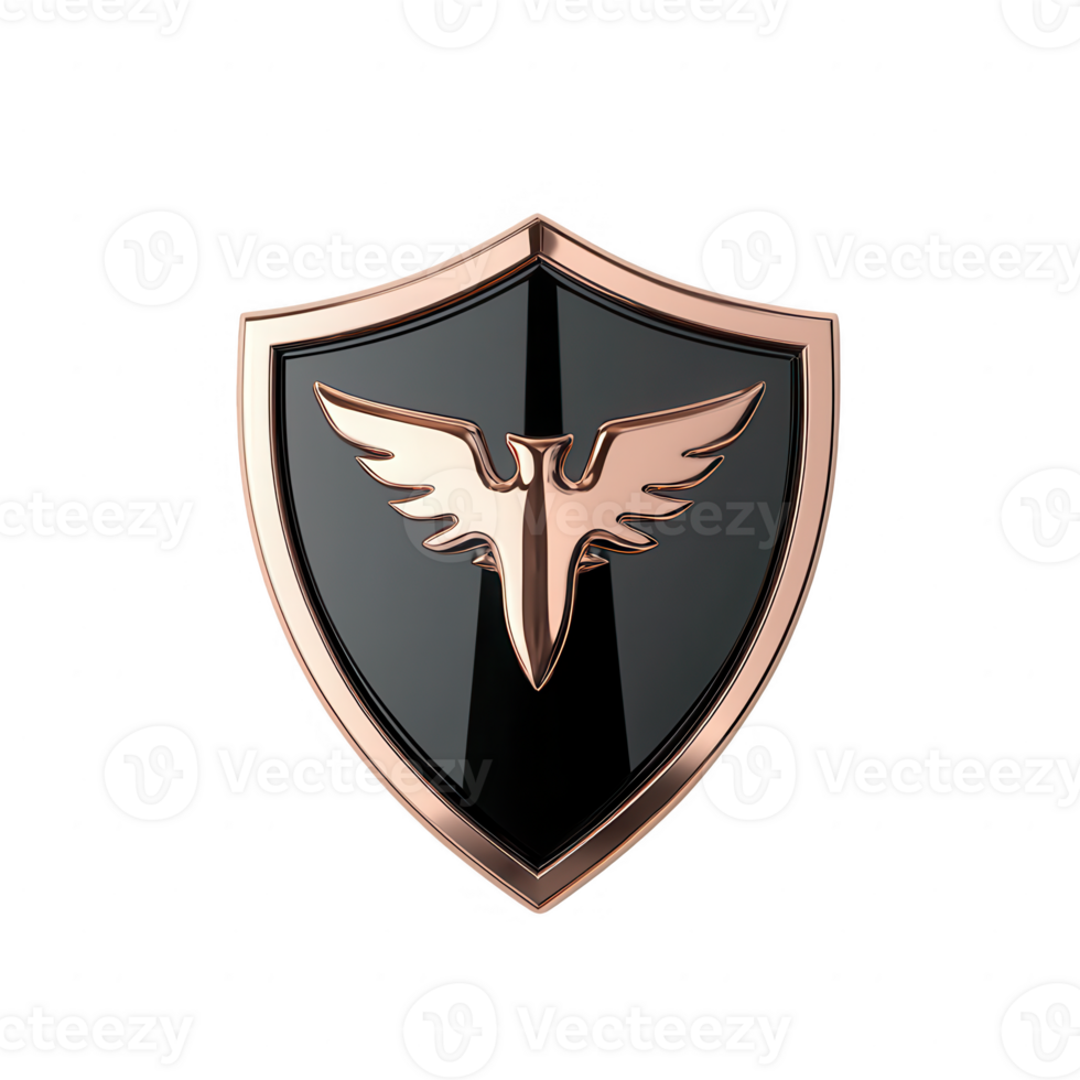 A glossy black shield emblem featuring a stylized eagle design in rose gold, symbolizing strength and protection, perfect for branding or graphic design. png