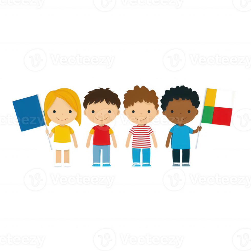 A group of diverse children holding flags representing different countries. Each child is dressed in colorful clothing, promoting unity and cultural diversity. png