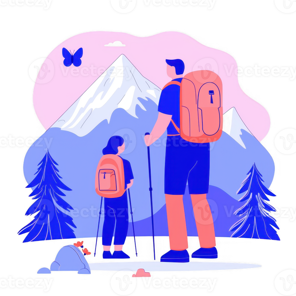 A father and child hike in the mountains, surrounded by tall trees and vibrant scenery, enjoying nature and outdoor activities on a sunny day. png