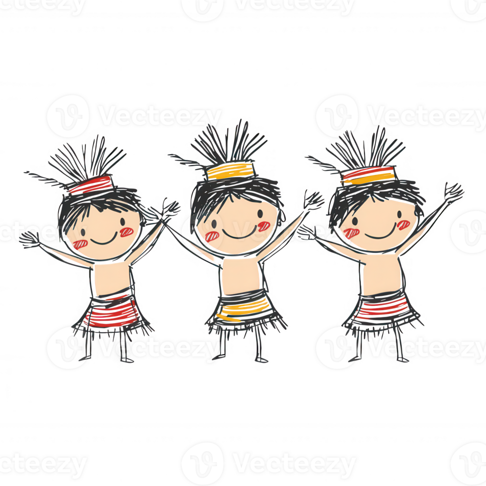 A fun and colorful illustration of three cheerful characters in traditional attire, expressing joy and celebration. Perfect for cultural themes and festive designs. png