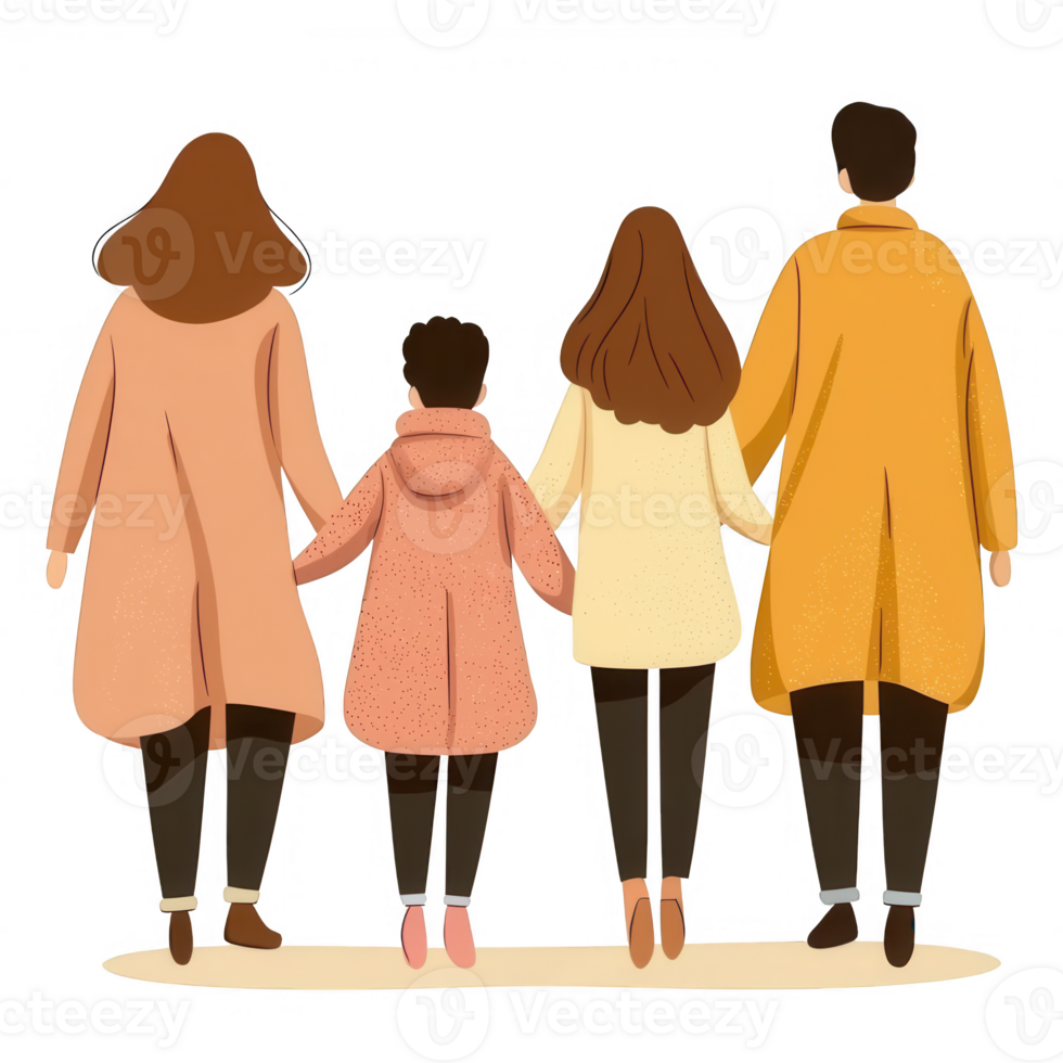 A family of four walking together, wearing cozy outerwear, showcasing love and togetherness in a modern, minimalist style. png