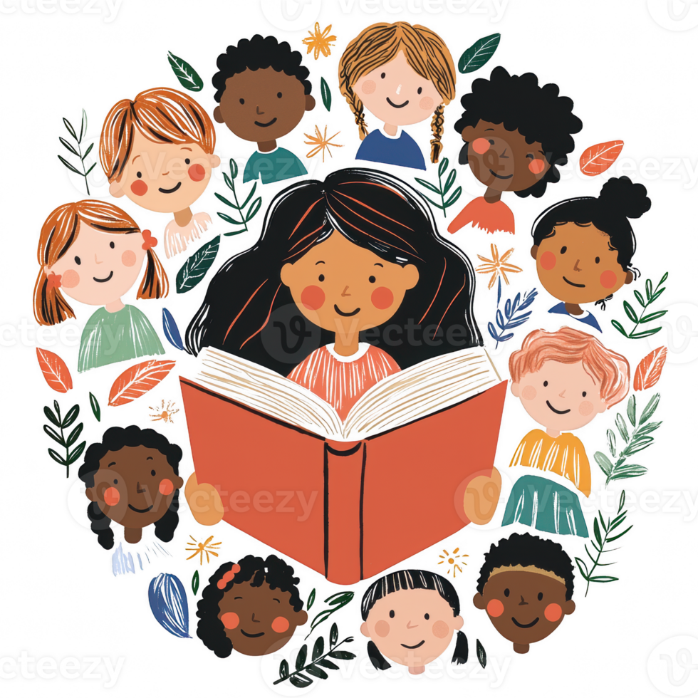 A diverse group of children surrounded by plants and flowers, joyfully listening to a story being read by a girl png