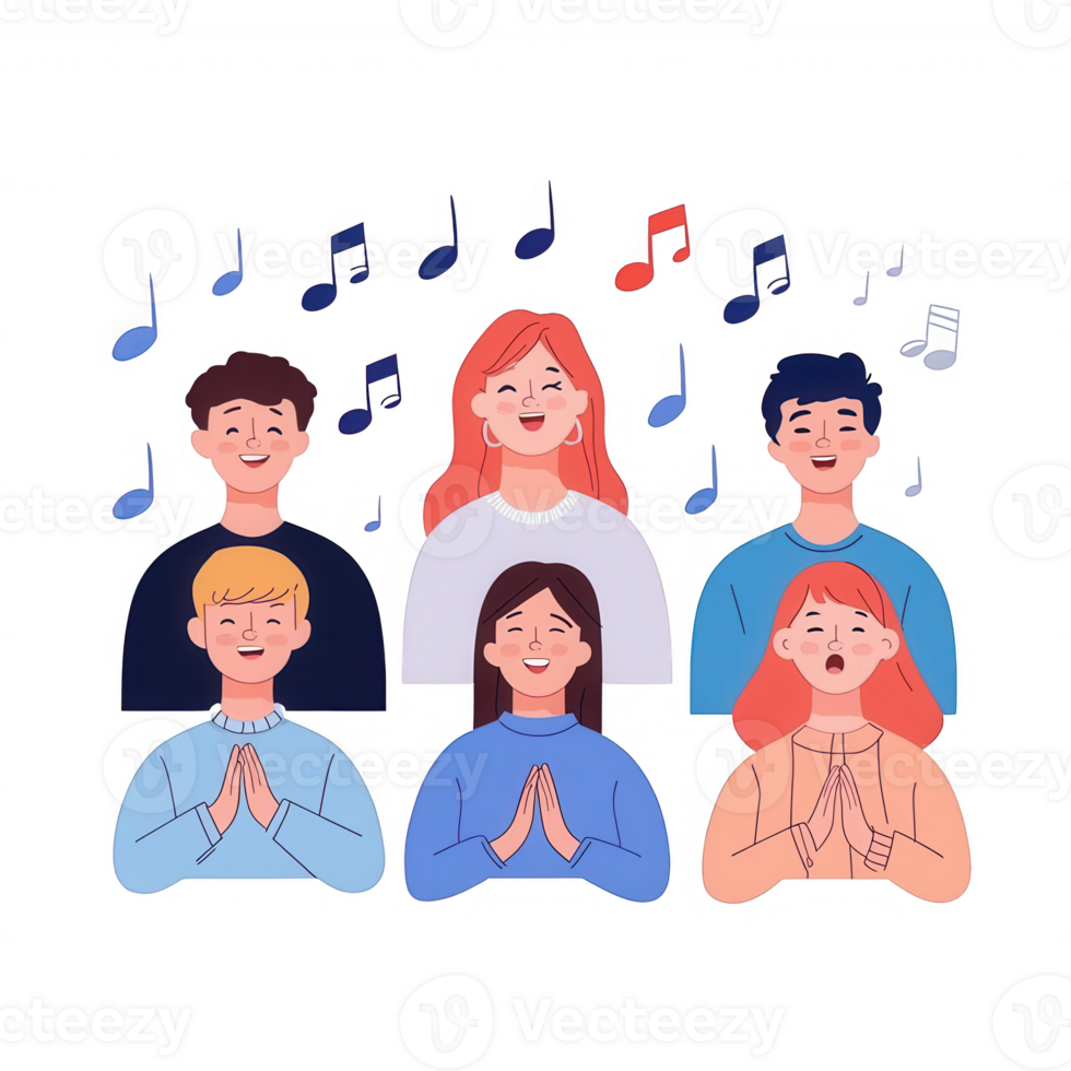 A group of diverse individuals singing together with musical notes in the background, showcasing unity and joy in music. png