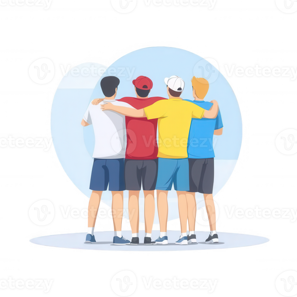 A group of four friends standing together with their arms around each other, showcasing friendship and camaraderie, against a blue background. png