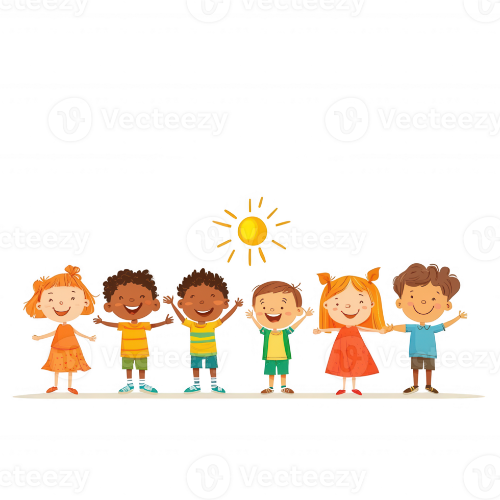 A group of happy children of diverse backgrounds standing together while smiling under a bright sun. They celebrate friendship and joy in a colorful, cheerful illustration. png