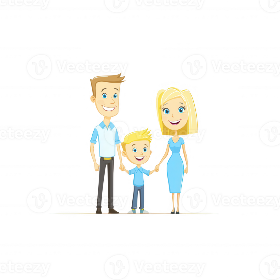 A happy cartoon family smiling together, showcasing love and connection. Ideal for family-related themes and illustrations. png