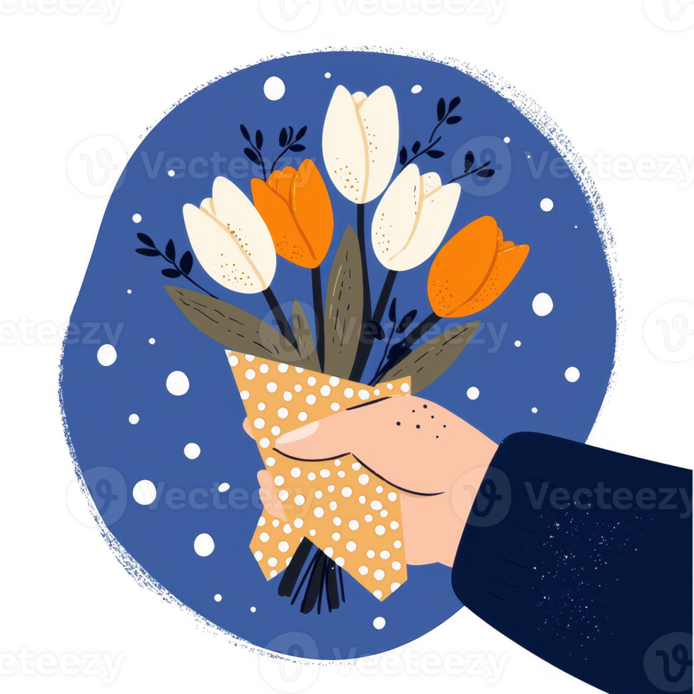 A hand holding a bouquet of vibrant tulips and elegant flowers, beautifully arranged in a stylish wrapping, set against a light blue background, ideal for spring-themed designs. png