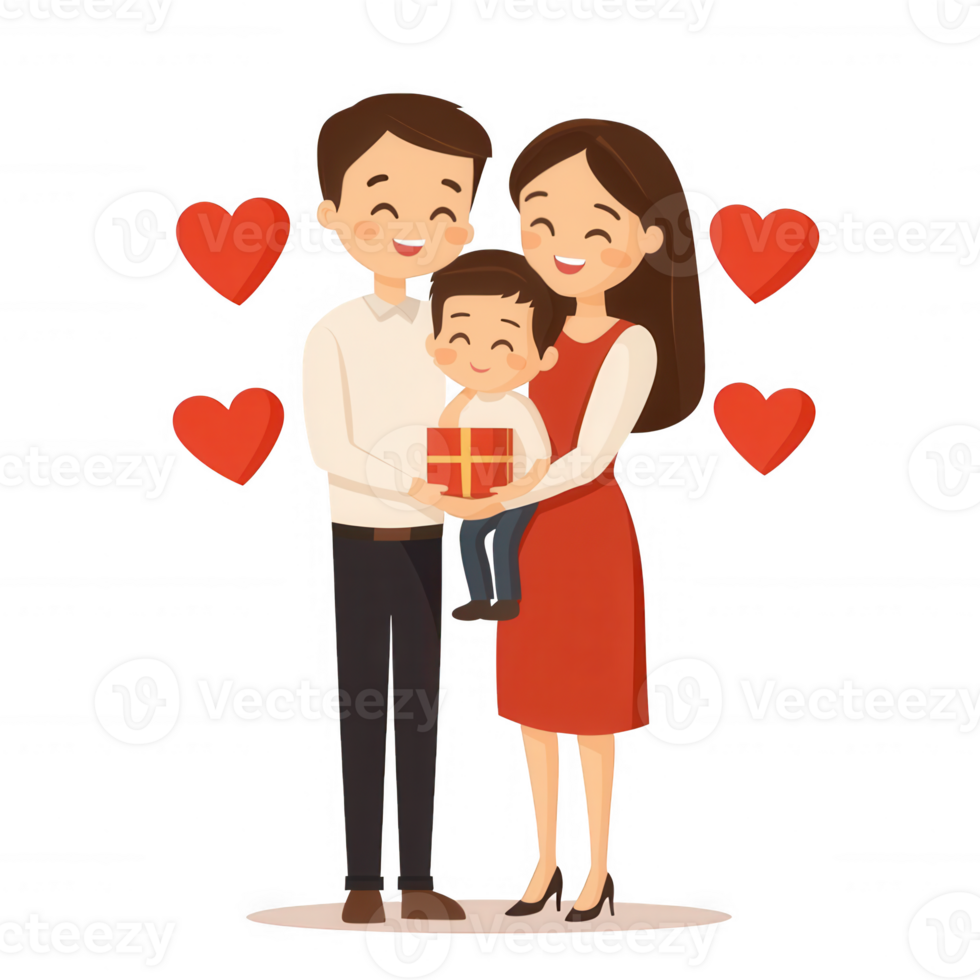 A happy family celebrating together with a child holding a gift, surrounded by hearts, showcasing love and joy in a warm and festive atmosphere. png