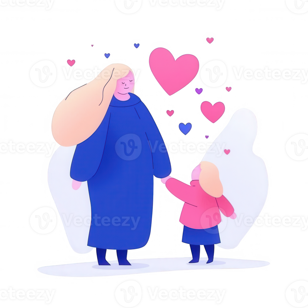 A heartwarming illustration of a mother and her daughter, holding hands with colorful hearts floating around them, symbolizing love and affection. png
