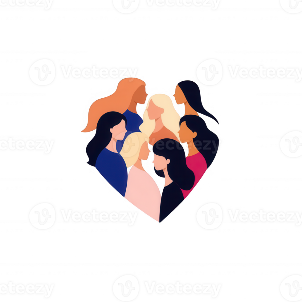 A heart-shaped illustration featuring a diverse group of women symbolizing unity and empowerment. Their varying hairstyles and colors showcase individuality and strength. png