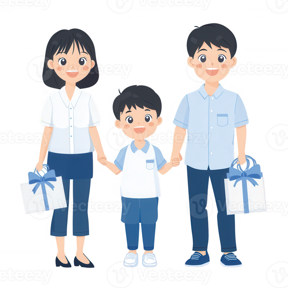 A happy family consisting of a mother, father, and child, each holding gifts, symbolizing love and togetherness. png