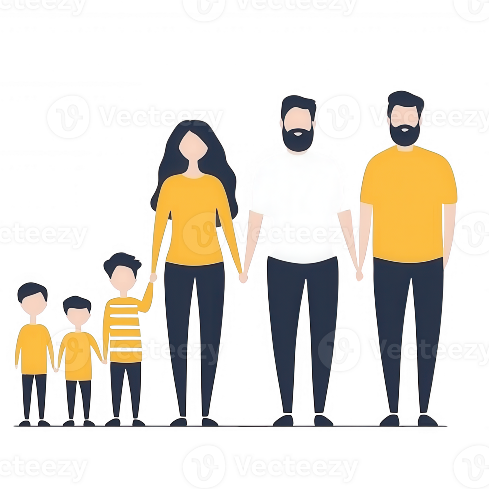 A happy family of five with two parents and three children, all dressed in yellow and white outfits, standing together and holding hands against a white background. png