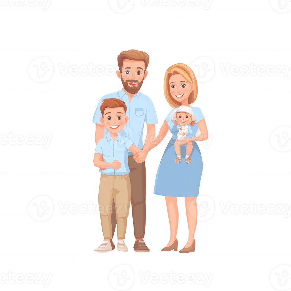 A happy family standing together, showcasing love and connection. The father, mother, and two children share a joyful moment, smiling at the camera with warmth and affection. png