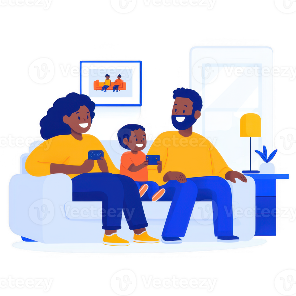 A happy family enjoying quality time together at home, playing games on their smartphones while sitting on a comfortable sofa in a cozy living room. png