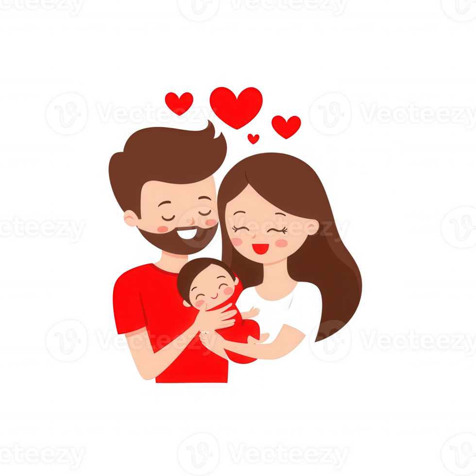 A happy family portrait featuring a father and mother joyfully holding their baby, surrounded by hearts, expressing love and warmth in a colorful and cheerful design. png