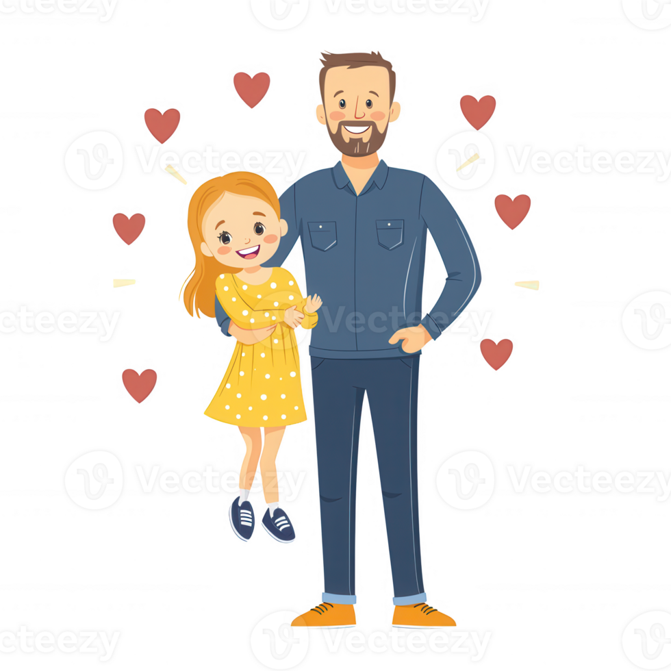 A happy father carrying his smiling daughter, surrounded by hearts, showcasing a loving family bond. png
