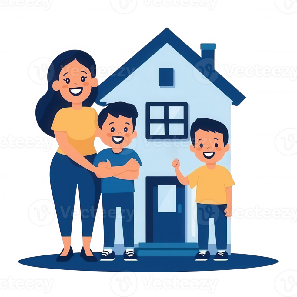 A happy family portrait featuring a mother and her two children standing in front of their blue house, smiling and enjoying quality time together. png