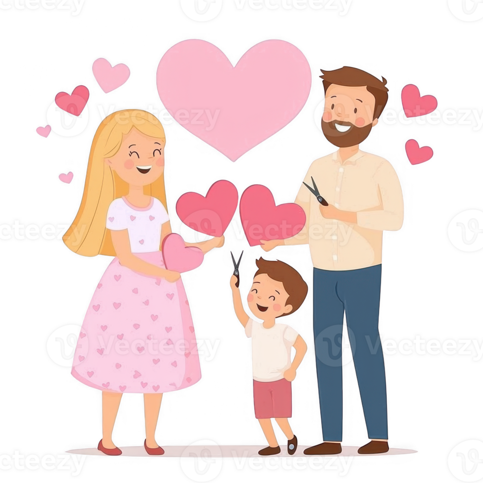 A happy family is engaged in crafting colorful hearts, expressing love and creativity together. The joyful atmosphere showcases a fun bonding moment. png