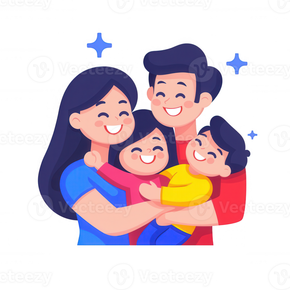 A happy family of four embraces each other, showcasing joy and love. The illustration captures a warm familial bond and is perfect for representing togetherness. png