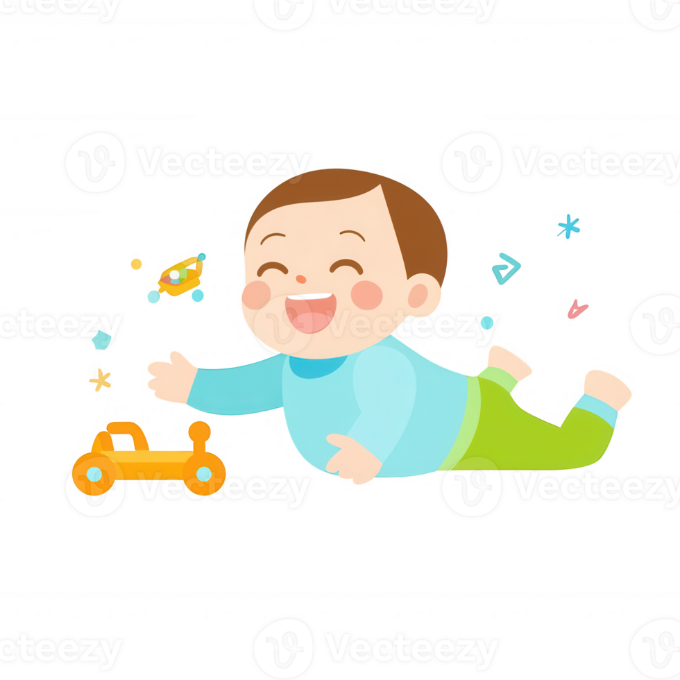 A joyful baby playing on the floor with colorful toys, featuring a bright smile and a playful atmosphere. Ideal for family and childhood themes. png