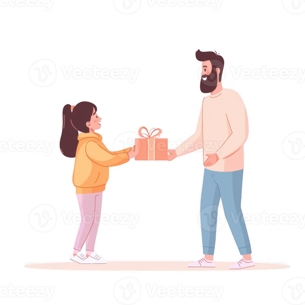 A heartwarming scene of a father and daughter exchanging a gift, showcasing warmth and connection. Ideal for themes of family, love, and celebration. png