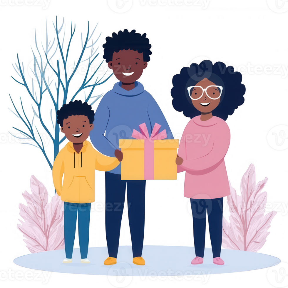 A happy family of three, including a boy and his parents, joyfully presenting a gift together in a winter-themed setting. Perfect for holiday and family celebration themes. png