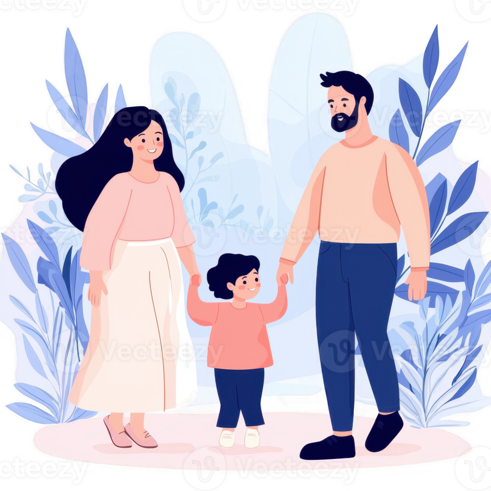 A happy family of three enjoys a moment together in a serene setting, surrounded by gentle foliage, embodying togetherness and love. png