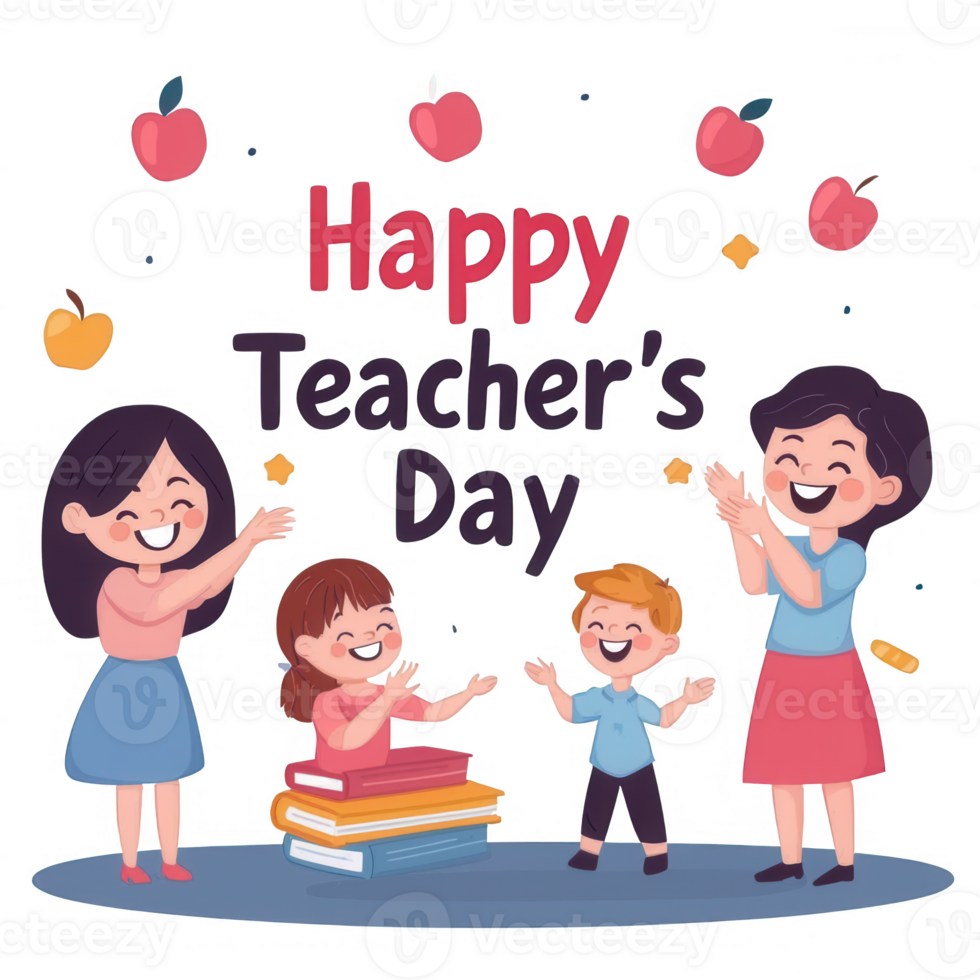 A joyful celebration of Teacher's Day, featuring cheerful children and adults expressing gratitude. Colorful apples and books enhance the festive atmosphere. png