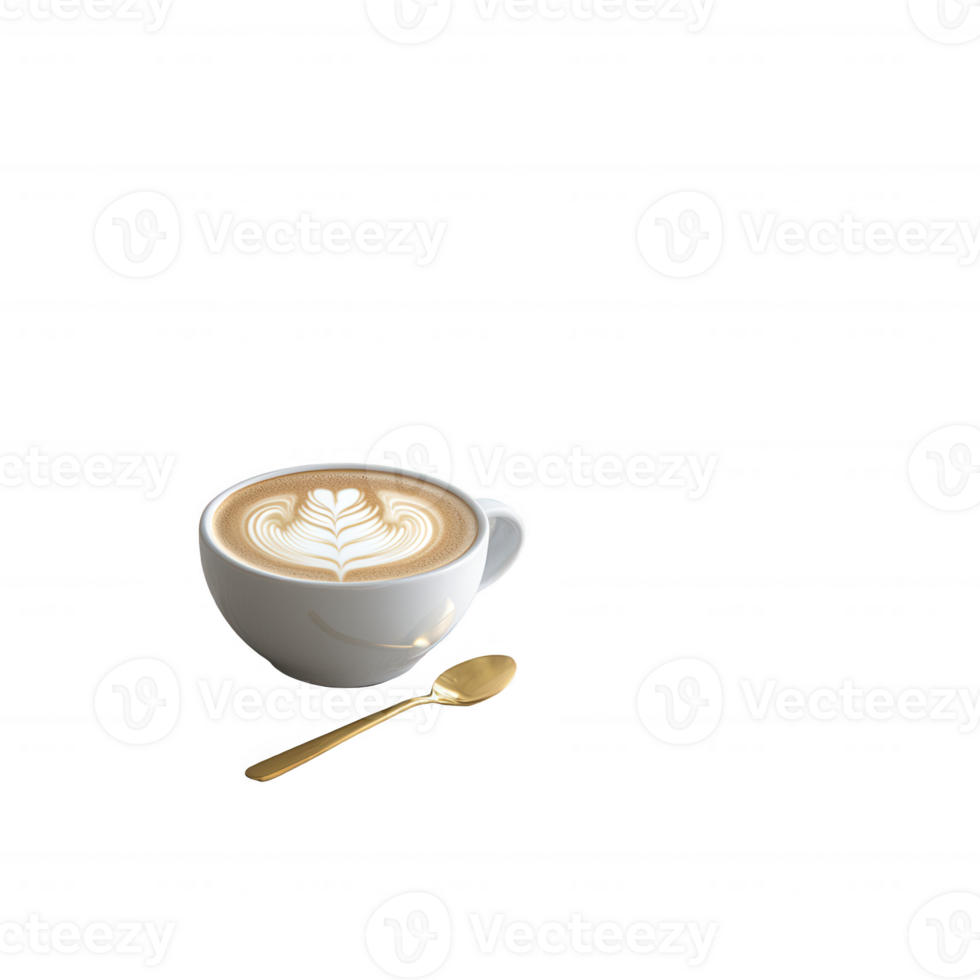 A beautifully crafted latte art displayed in a white ceramic cup with a golden spoon, perfect for coffee lovers and cafe aesthetics. Ideal for beverage promotions and food blogs. png