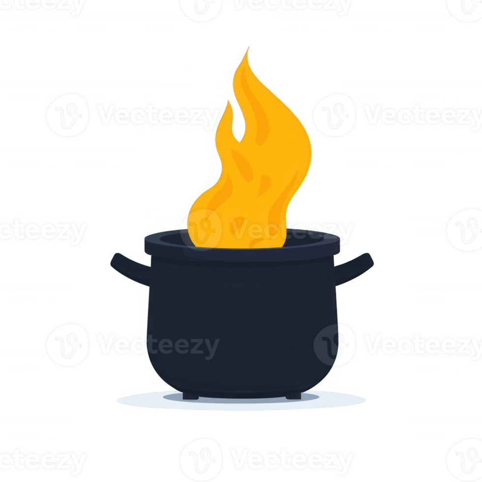 A black cooking pot with a bright flame emerging from it, isolated on a white background. Perfect for culinary themes, cooking illustrations, and food-related designs. png