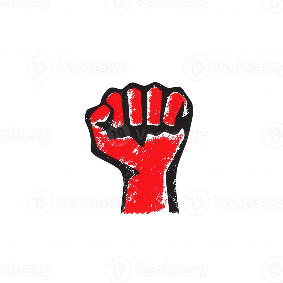 A bold, stylized red fist symbolizing strength and resistance, isolated on a white background. This graphic conveys themes of empowerment and social justice. png