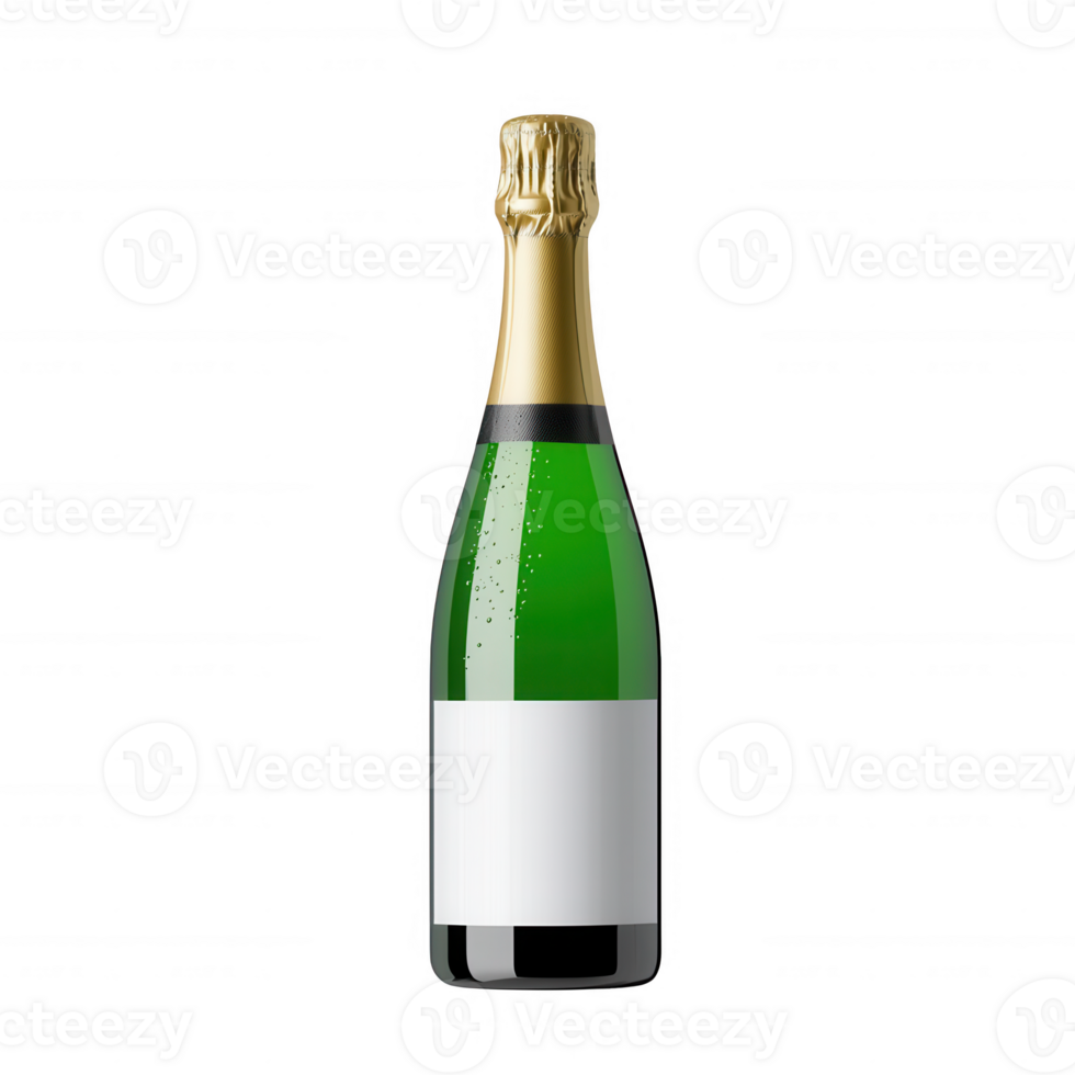 A bottle of champagne with a sleek design, featuring a golden cork and a blank label, isolated on a white background, perfect for celebrations, events, and luxury settings. png
