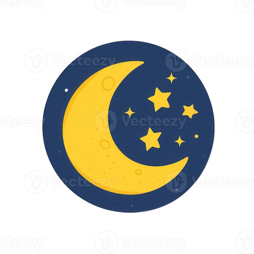 A bright yellow crescent moon surrounded by stars on a dark blue background, evoking a sense of calm and wonder, perfect for themes of night, dreams, and spirituality. png