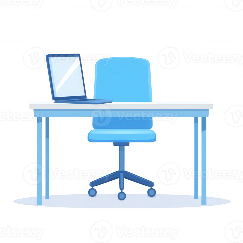 A bright and modern office setup featuring a blue desk, a swivel chair, and a laptop. Perfect for remote work or co-working spaces, emphasizing productivity and organization. png