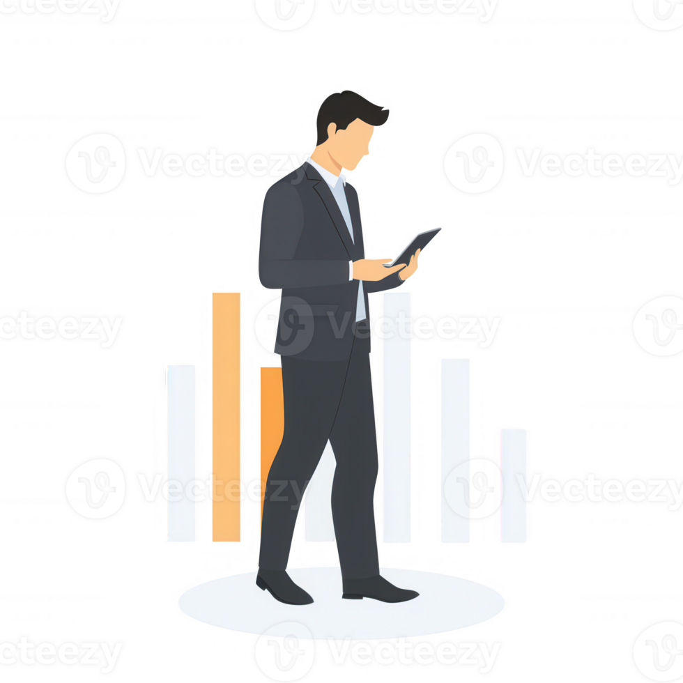 A businessman in a suit analyzes data on a digital tablet, with a bar graph in the background showing growth. Ideal for finance and corporate themes. png