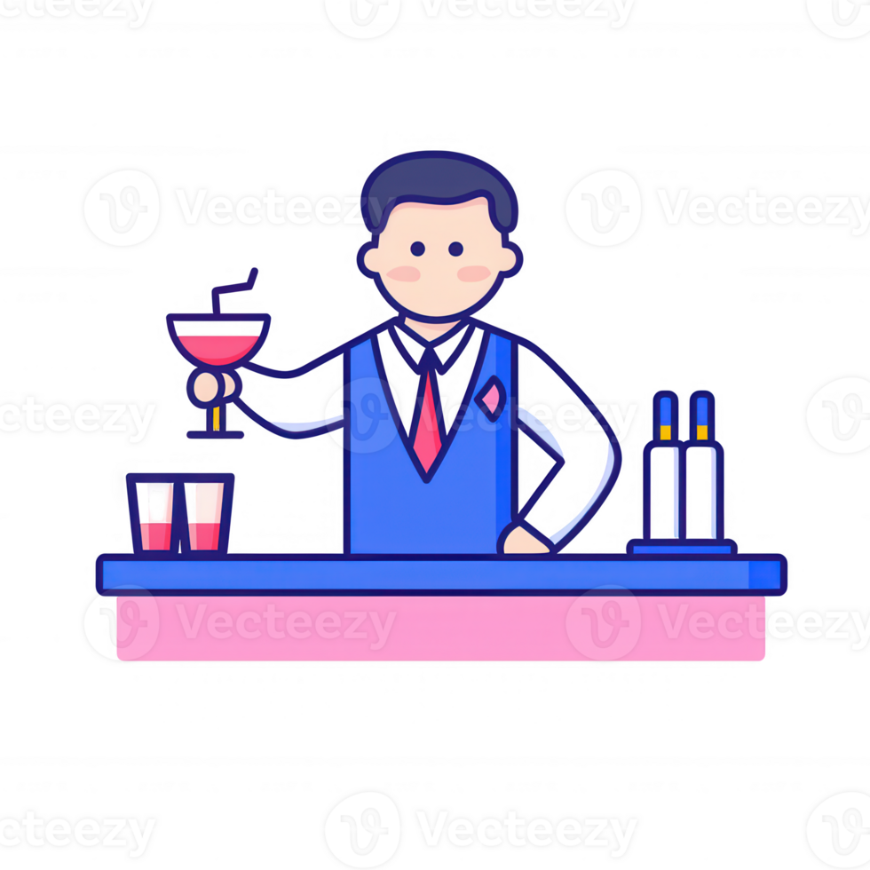 A cartoon bartender serving a cocktail in a vibrant setting, showcasing a lively atmosphere ideal for fun and enjoyment. png