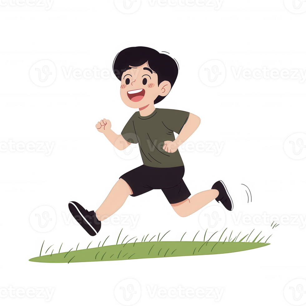 A cartoon boy joyfully running on grass, embodying the spirit of play and outdoor activity with a cheerful expression and dynamic movement. png