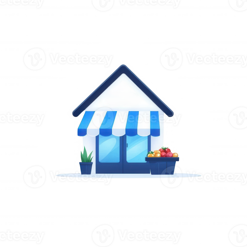 A charming storefront with a blue striped awning and a display of fresh fruits and plants, set against a white isolated background. png
