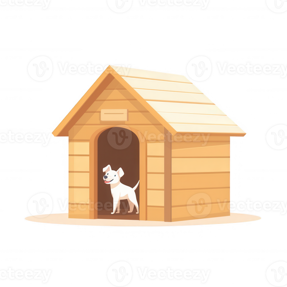 A cartoon-style illustration of a happy dog standing at the entrance of its wooden doghouse, set against a white background. png
