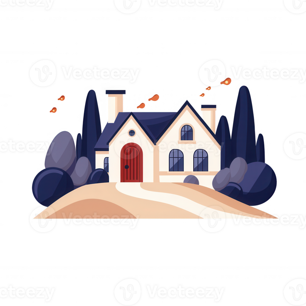 A charming house set on a gentle hill, surrounded by lush trees and a winding path leading to a welcoming front door, creating a picturesque and inviting scene. png
