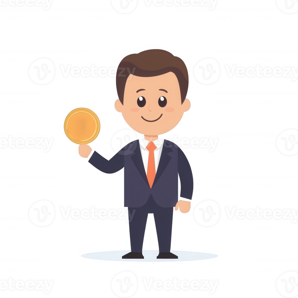 A cheerful businessman in a suit holding a coin, representing achievement and success in finance or investment. png