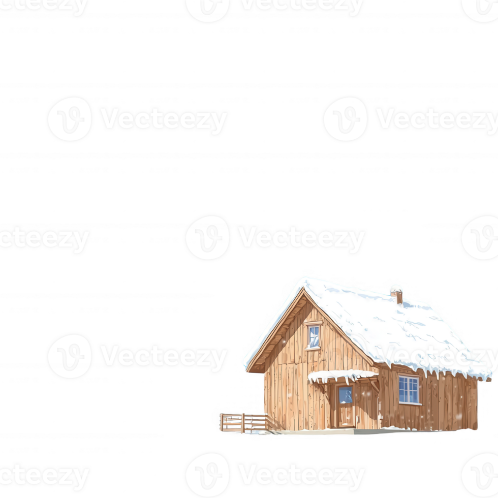 A charming wooden cabin covered with snow, set against a white isolated background, perfect for winter-themed projects and holiday designs. png