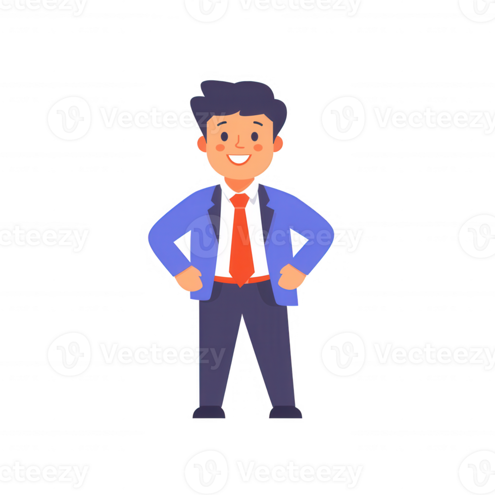 A cheerful businessman standing confidently with hands on hips, wearing a blue suit and red tie, ready to engage with clients or colleagues in a professional setting. png