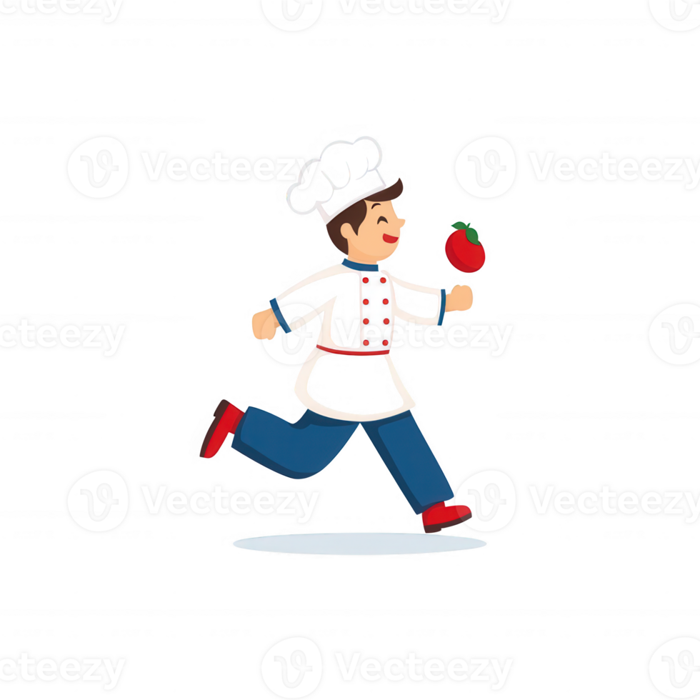 A cheerful chef running with a freshly picked tomato, showcasing a vibrant and dynamic cooking scene, emphasizing culinary passion and creativity in the kitchen. png