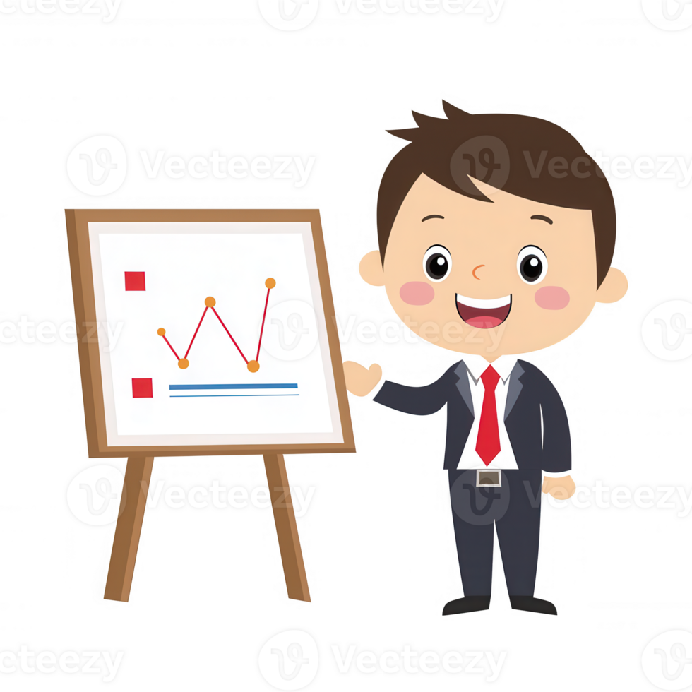 A cheerful businessman presenting a graph on an easel, showcasing positive trends. Ideal for business presentations or marketing materials on success and growth. png
