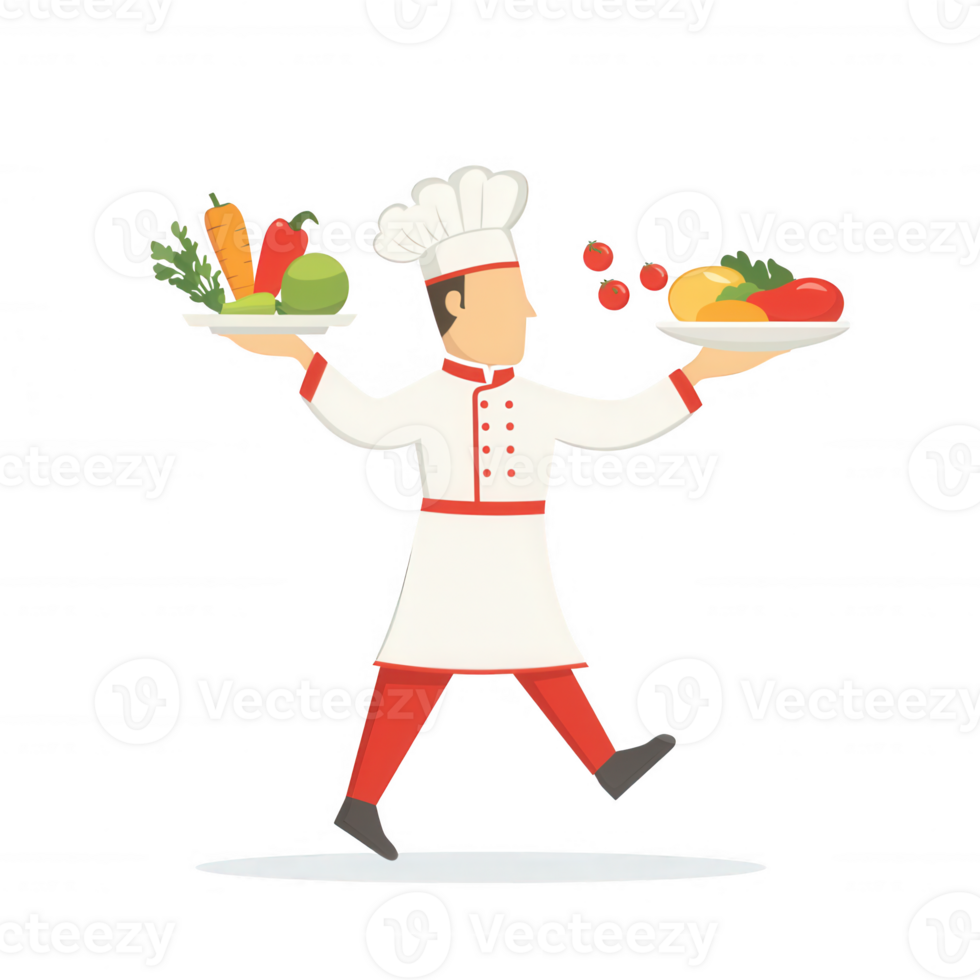 A cheerful chef balancing two plates of fresh vegetables and fruits, showcasing culinary skills and creativity on a white isolated background. png