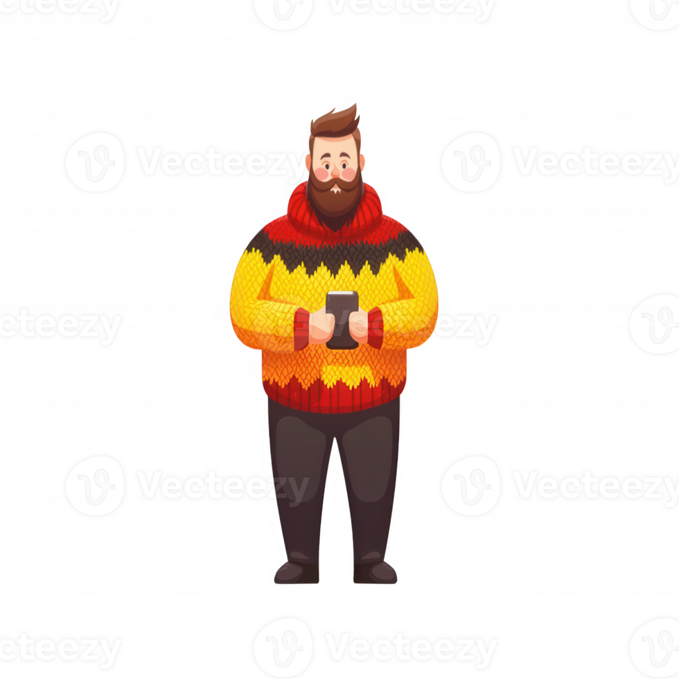 A cheerful man in a colorful knitted sweater holds a smartphone, showcasing a modern and cozy lifestyle in a vibrant environment. png