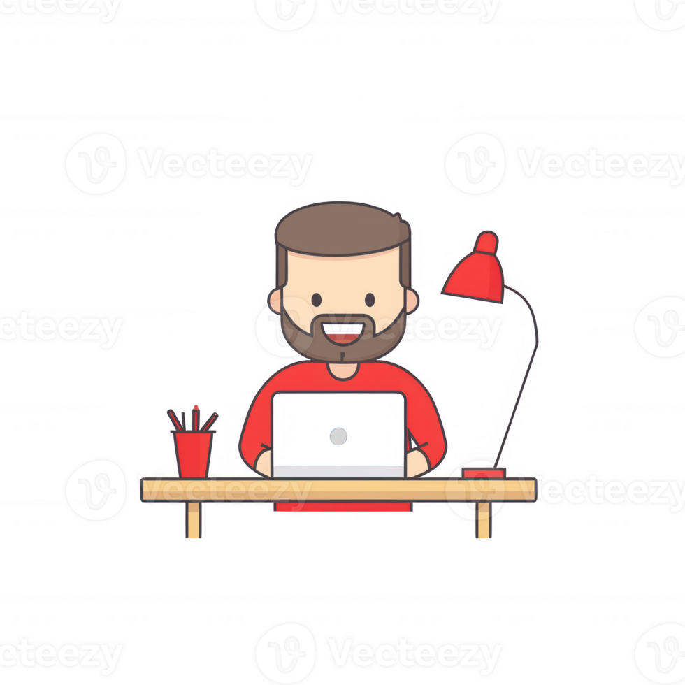 A cheerful man working on a laptop at a wooden desk with a lamp and pencils, portraying a fun and relaxed atmosphere focused on productivity and creativity. png