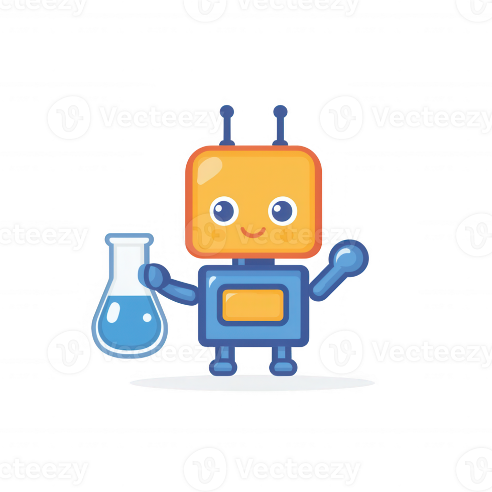 A cheerful robot character holding a flask, designed for educational purposes, set against a white isolated background. png