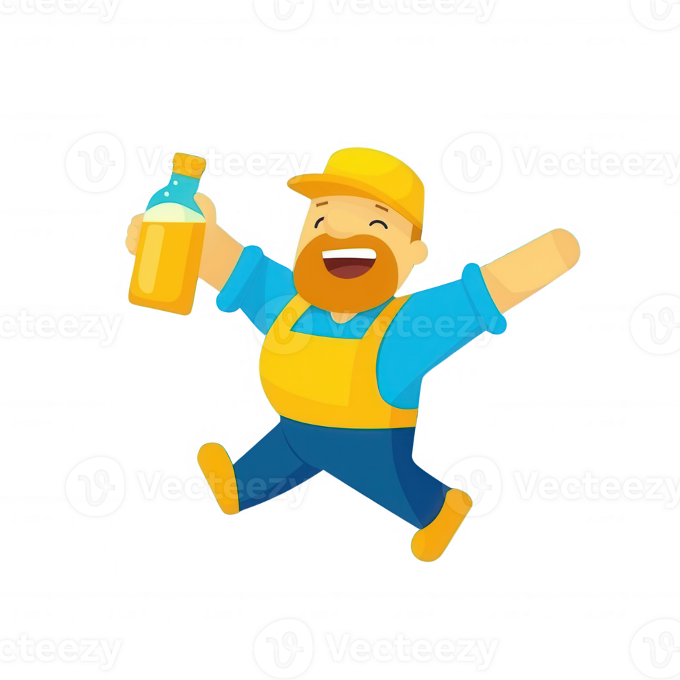 A cheerful man in a yellow cap and blue overalls joyfully holding a drink bottle, expressing happiness and enthusiasm, suitable for various lifestyle themes. png